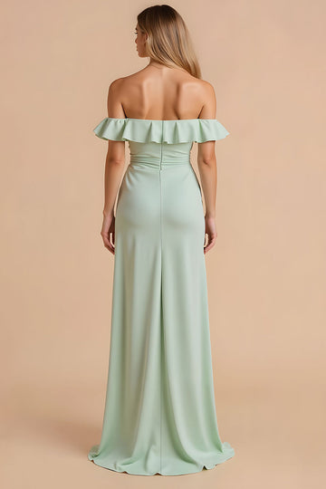Robe de demoiselle d’honneur maxi épaule dénudée vert clair avec volants